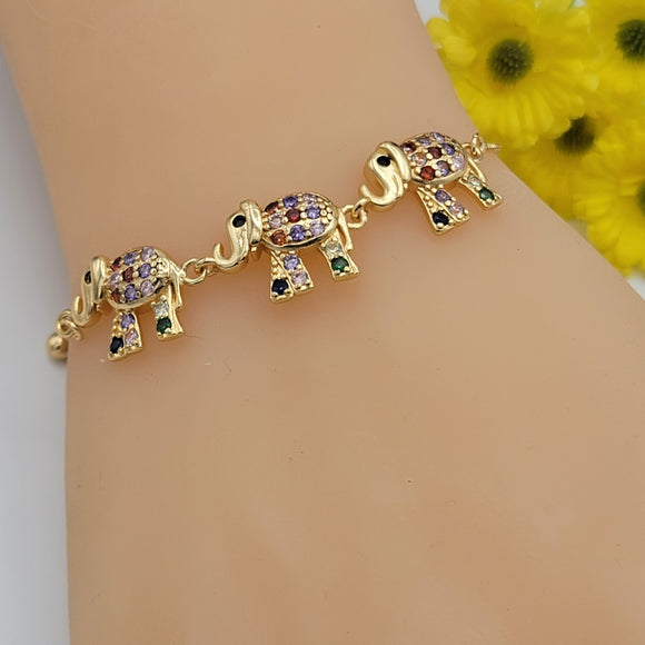 Bracelets - 14K Gold Plated. Multicolor Elephant Adjustable Bracelet.