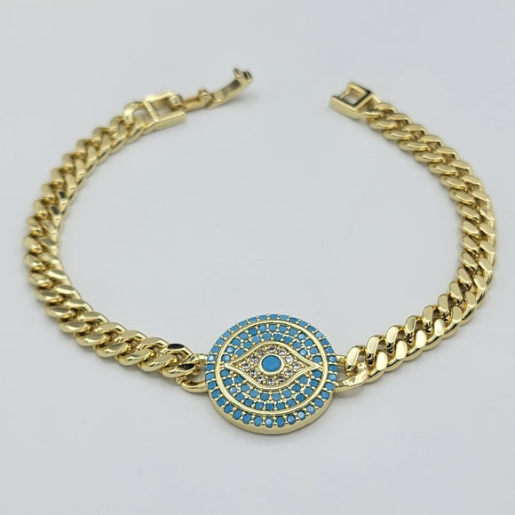 Bracelets - 14K Gold Plated. Blue crystals Evil Eye. Curb link chain. *Premium Q*