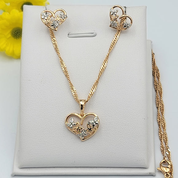 Sets - 18K Gold Plated. Heart Butterflies - Pendant - Chain - Earrings *Premium Q*