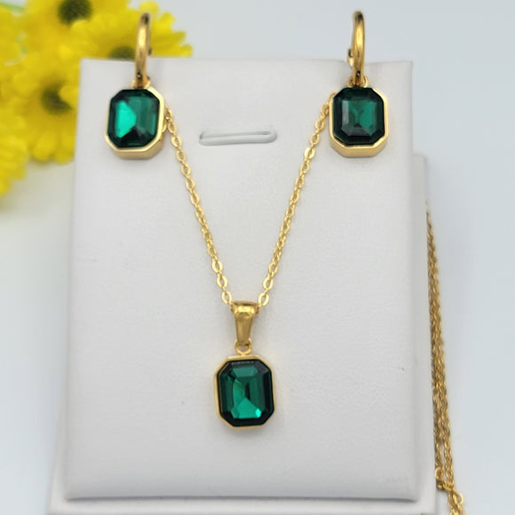 Sets - Stainless Steel -24K Gold Plated. Green crystal. Pendant - Chain -Earrings *Premium Q*