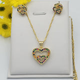 Sets - 14K Gold Plated. Multicolor Crystals Heart - Pendant - Chain - Earrings *Premium Q*