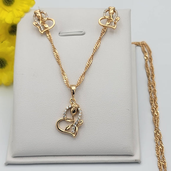 Sets - 18K Gold Plated. Rose Flower - Pendant - Chain - Earrings *Premium Q*