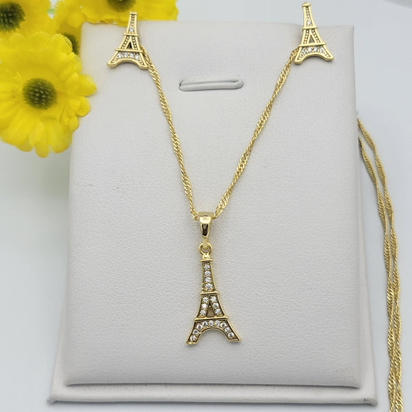 Sets - 14K Gold Plated. Eiffel Tower - Pendant - Chain - Earrings *Premium Q*