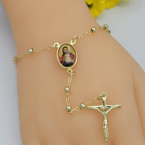 Rosary Bracelets - 14K Gold Plated. Sacred Heart of Jesus. Sagrado Corazon *Premium Q*