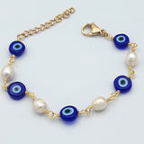 Bracelets - 18K Gold Plated. Blue Eyes with pearls beads. *Premium Q*