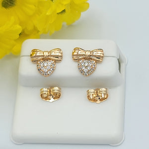 Earrings - 18K Gold Plated.  Cute CZ Heart with bow. *Premium Q*