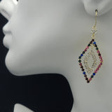 Earrings - 14K Gold Plated.  Multicolor Crystals Diamonds Shape Drop. Luxury. *Premium Q*