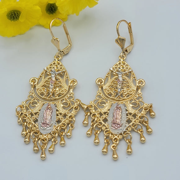 Earrings - Tri Color Gold Plated. Our Lady of Guadalupe - Crucifix.