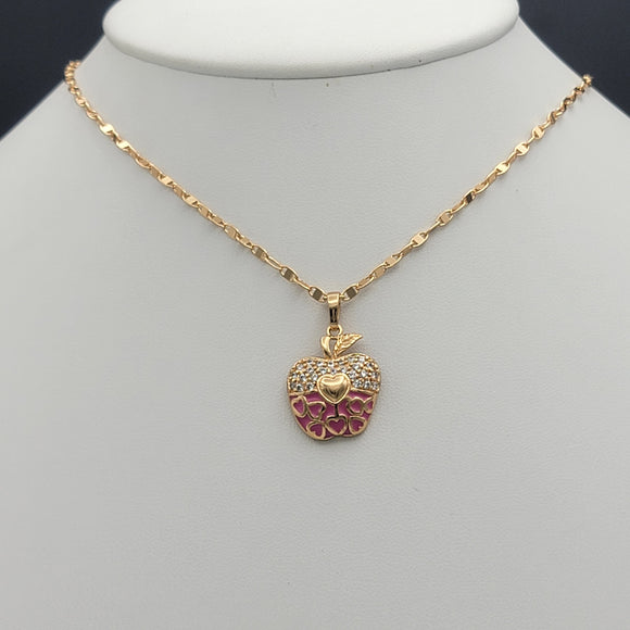 Necklace - 18K Gold Plated. Pink Apple - Hearts - Pendant. (Optional Pendant Only) *Premium Q*