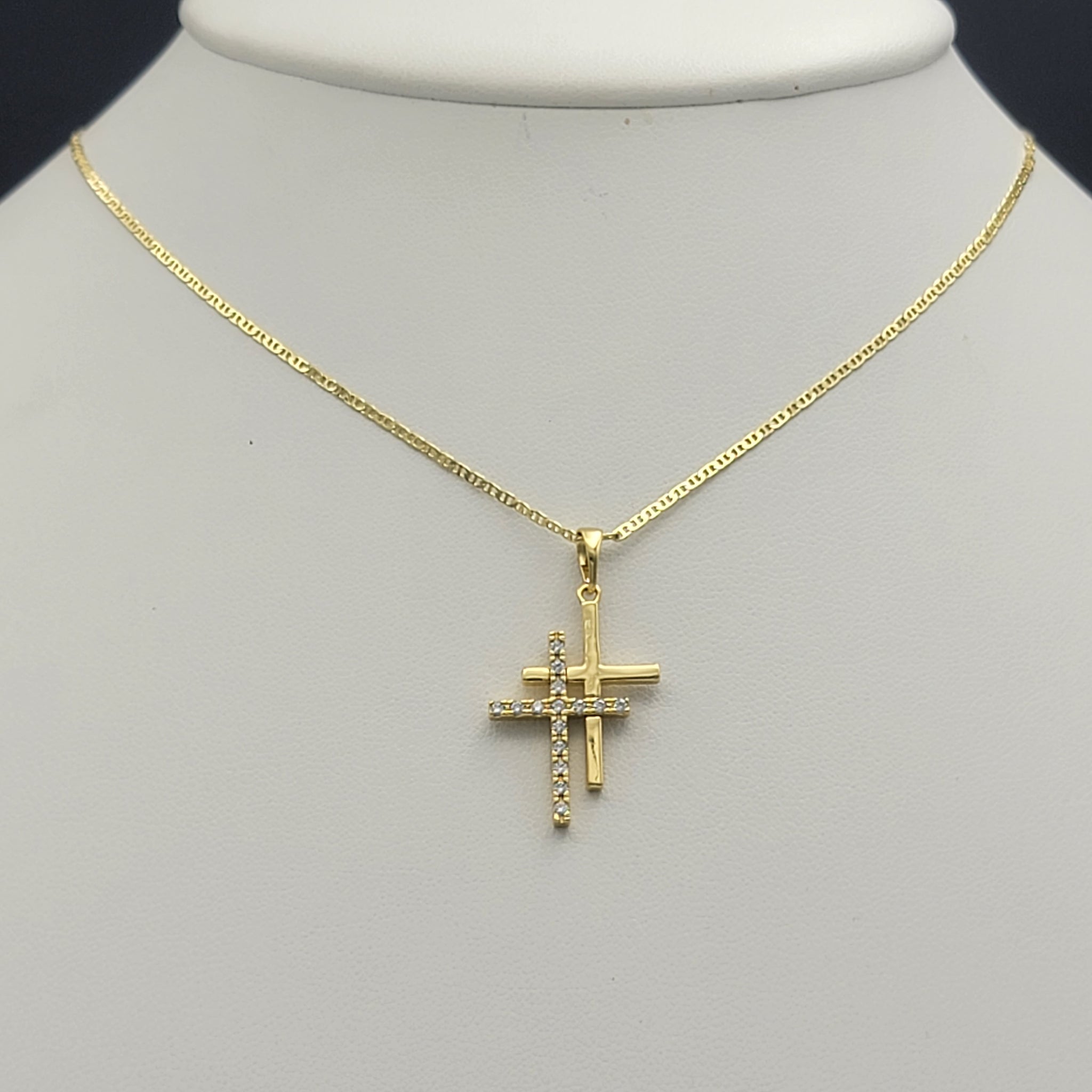 Necklace 14K Gold Plated. Double Cross Pendant. Optional