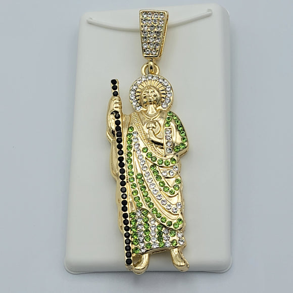 Pendants - 14K Gold Plated. Saint Jude. Green Crystals. San Judas