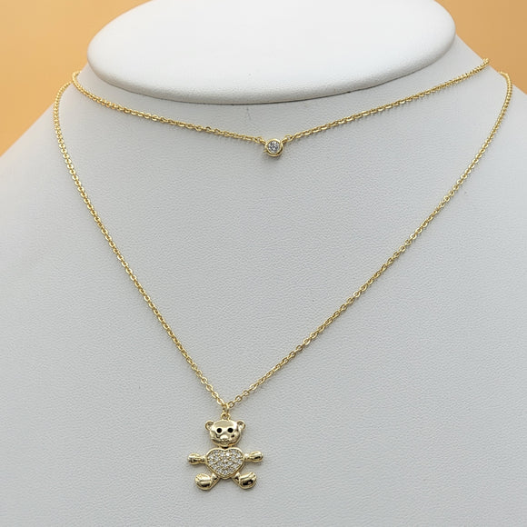 Necklace - 14K Gold Plated. Double Chain. Bear Charm.  *Premium Q*