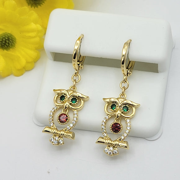 Earrings - 14K Gold Plated. Green Eyes Owl. *Premium Q*