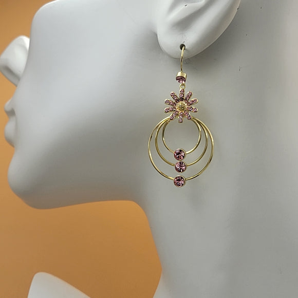 Earrings - 18K Gold Plated. Luxury Elegant Pink Crystals Flower. *Premium Q*