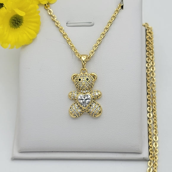 Necklace - 14K Gold Plated. Bear with crystal heart - Pendant. (Optional Pendant Only) *Premium Q*