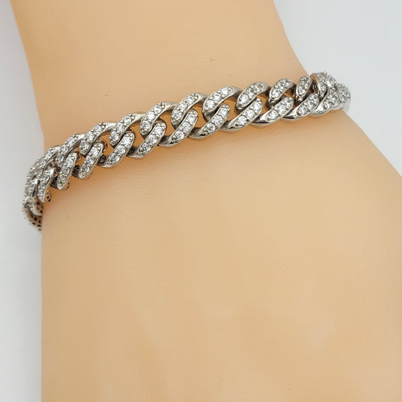 Bracelets - 925 Sterling Silver. CZ Encrusted Miami Cuban Link Plain Lock - 9mm