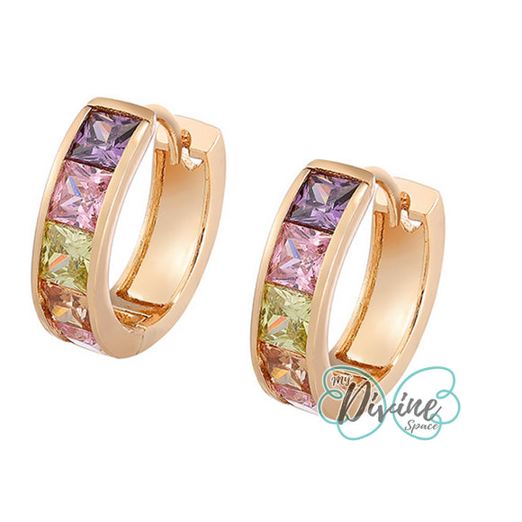 Earrings - 18K Gold Plated. Multicolor Crystals Small Hoops. *Premium Q*