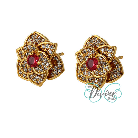 Earrings - 24K Gold Plated. Flower Crystals. Stud. *Premium Q*
