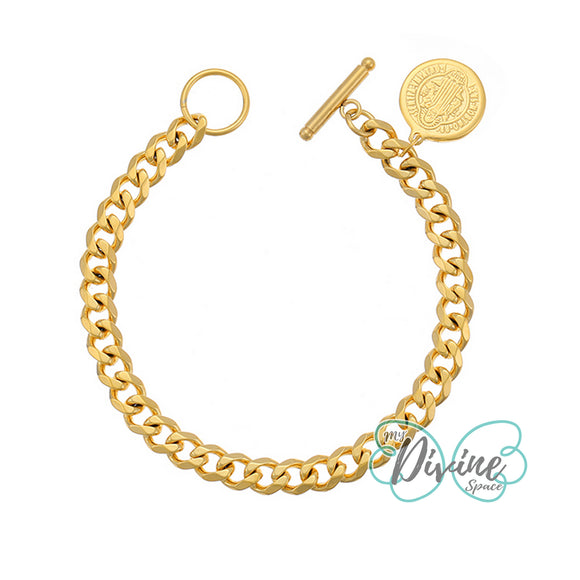 Bracelets - Stainless Steel Gold Plated. Saint Benedict Charm.  *Premium Q*