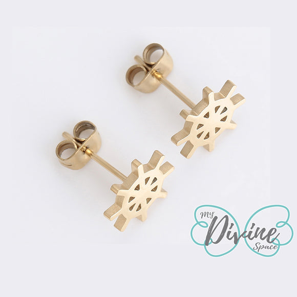 CLOSEOUT* Earrings - Stainless Steel. 14K Gold Plated. Rudder Stud Earrings. *Premium Q*