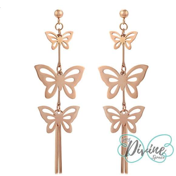 CLOSEOUT* Earrings - Stainless Steel. Rose Gold Plated.  Butterfly. *Premium Q*