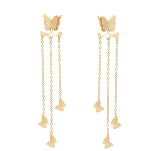 CLOSEOUT* Earrings - Stainless Steel. 14K Gold Plated. Chandelier Butterflies Long Earrings *PremiumQ*