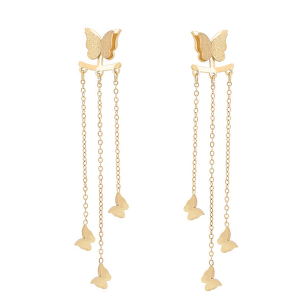 CLOSEOUT* Earrings - Stainless Steel. 14K Gold Plated. Chandelier Butterflies Long Earrings *PremiumQ*