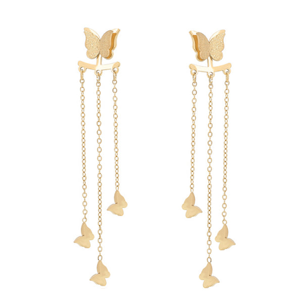 Earrings - Stainless Steel. 14K Gold Plated. Chandelier Butterflies Long Earrings *PremiumQ*
