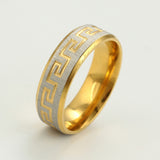 Rings - Stainless Steel.  Two Tone Gold Plated. Greek Key Design Band.  *Premium Q*